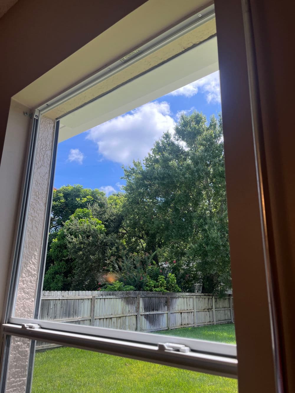 Bright blue sky with fluffy clouds visible through a window overlooking a green yard and trees.